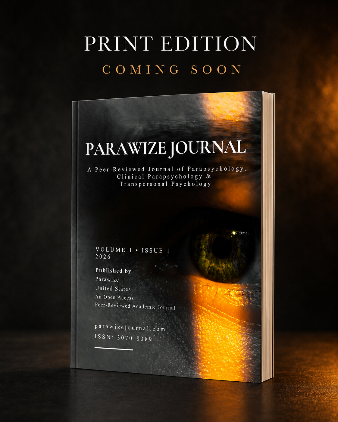 Promotional image announcing the forthcoming Parawize Journal print edition, featuring a dark blue and gold journal against a luminous abstract background.